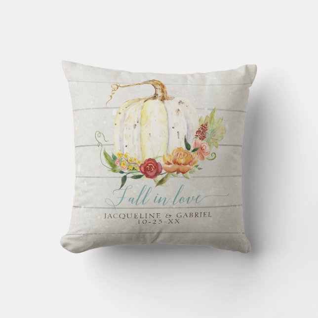 Burgundy Floral Fall in Love White Pumpkin Wedding Throw Pillow (Front)