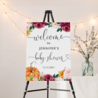 Burgundy floral fall pumpkin baby shower welcome foam board