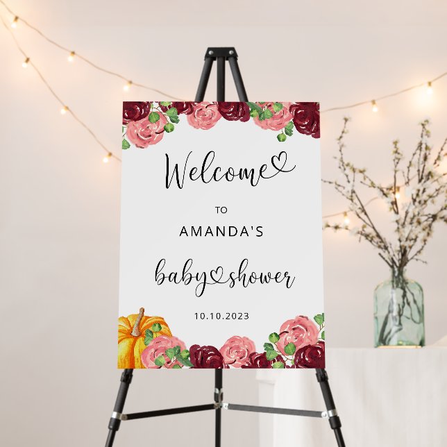 Burgundy floral fall pumpkin baby shower welcome foam board (In Situ (Stand))