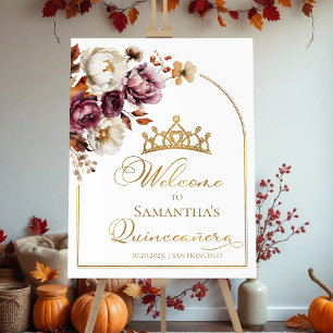 Burgundy Floral Fall Quinceanera Welcome Sign