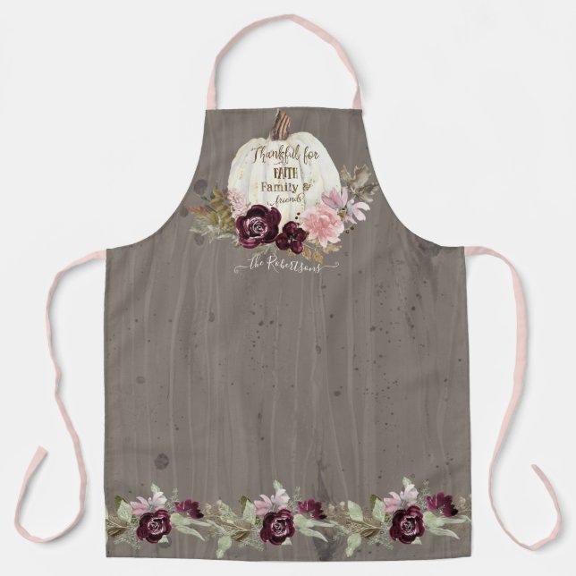 Burgundy Floral Fall Rustic Leaves White Pumpkin Apron (Front)