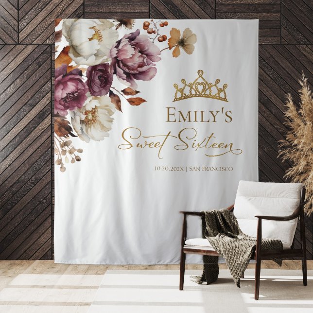 Burgundy Floral Fall Sweet 16 Backdrop (Creator Uploaded)
