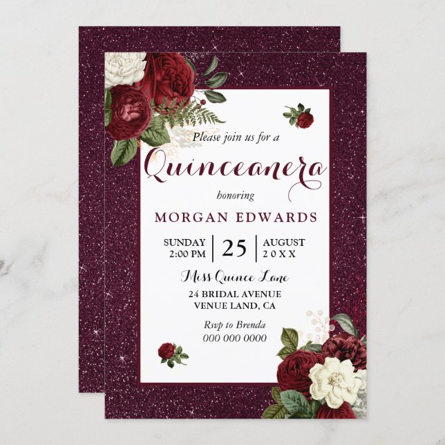 Burgundy Floral Faux Metallic Quinceanera Invite (Front/Back)
