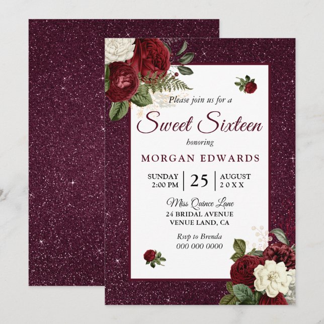 Burgundy Floral Faux Metallic Sweet 16 Invite (Front/Back)