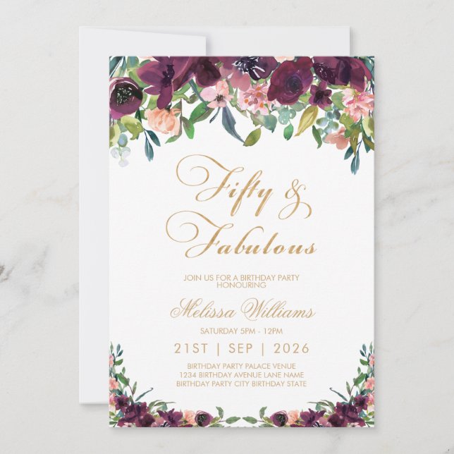 Burgundy Floral Fifty & Fabulous 50th Birthday Invitation (Front)