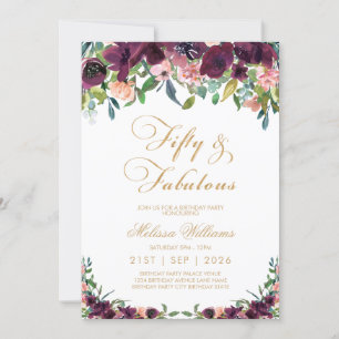 Burgundy Floral Fifty & Fabulous 50th Birthday Invitation