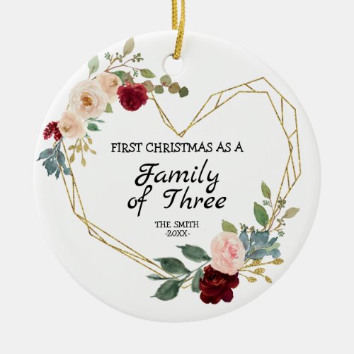 Burgundy Floral First Christmas Family of three Ce Ceramic Ornament