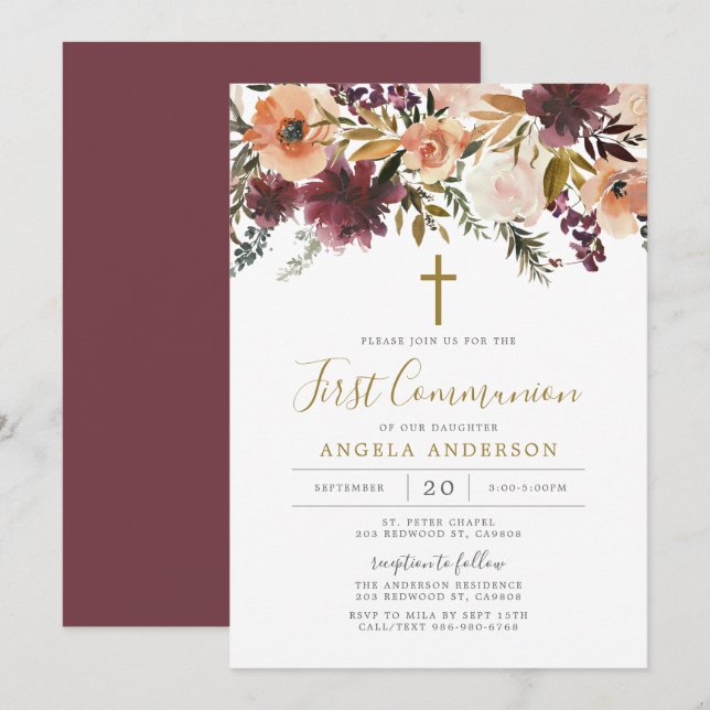 Burgundy Floral First Communion Invitation (Front/Back)