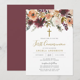 Burgundy Floral First Communion Invitation