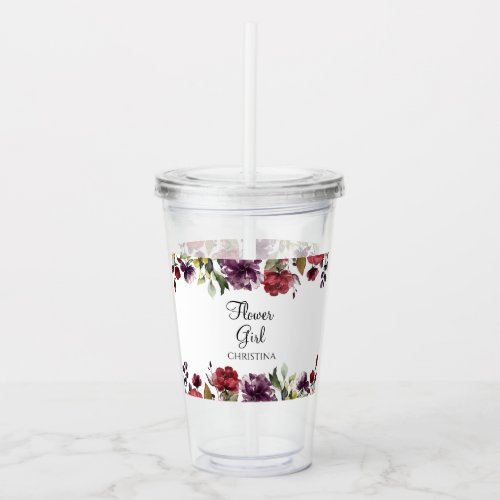 Burgundy Floral Flower Girl Wedding Party Gift Acrylic Tumbler