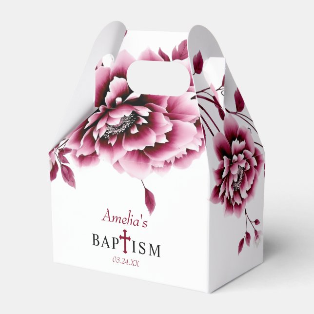 Burgundy floral flowers girl baptism Thank You  Favor Boxes (Front Side)