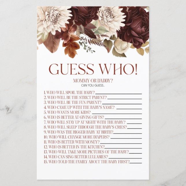 Burgundy Floral Flowers Guess Who Baby Shower Game (Front)