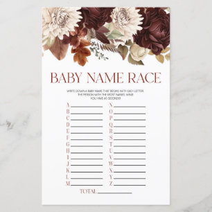 Burgundy Floral Flowers Name Race Baby Shower Game