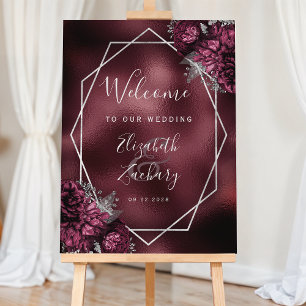 Burgundy Floral Foil Silver Geo Wedding Welcome Foam Board