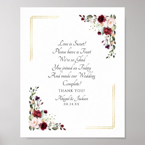 Burgundy Floral Foil Wedding Reception Treat Sign