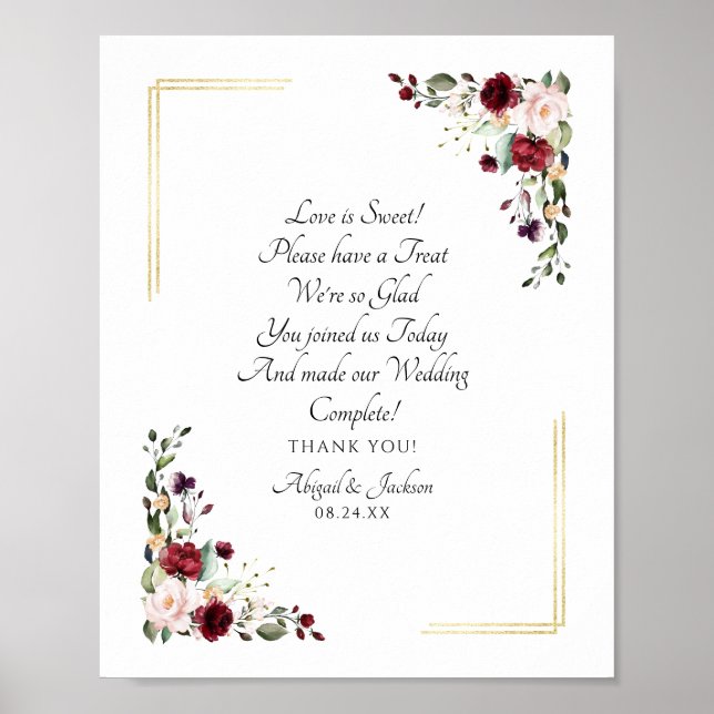 Burgundy Floral Foil Wedding Reception Treat Sign (Front)