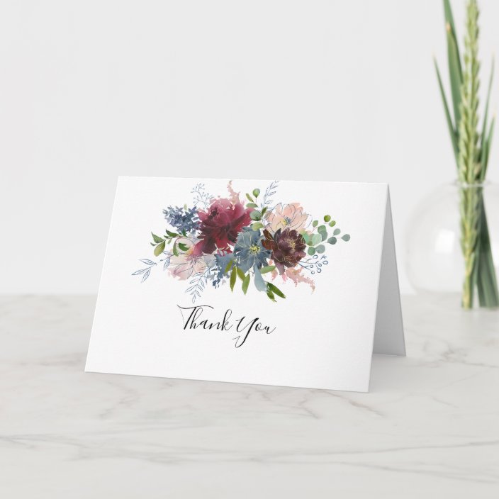 Burgundy Floral Folded Wedding Thank You Card | Zazzle