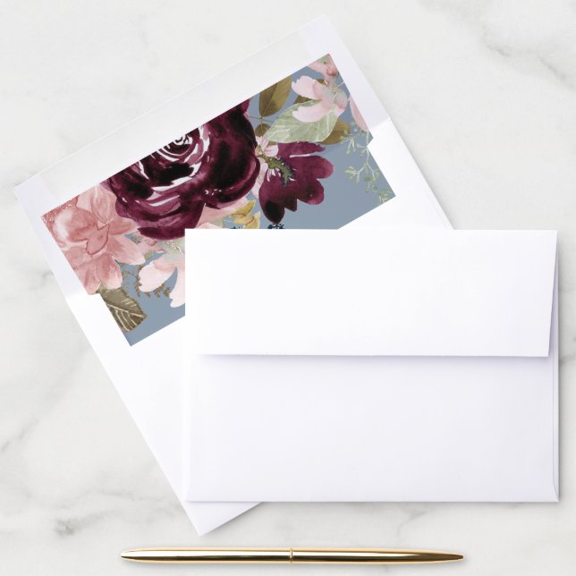 Burgundy Floral Foliage Elegant Dusty Blue Wedding Envelope Liner (Desk)