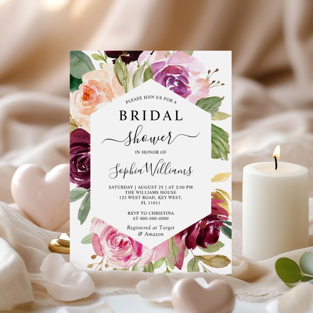 Burgundy Floral Frame Bridal Shower Invitation (Creator Uploaded)