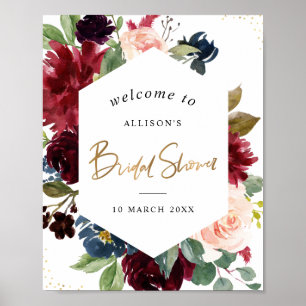 burgundy floral frame bridal shower welcome sign
