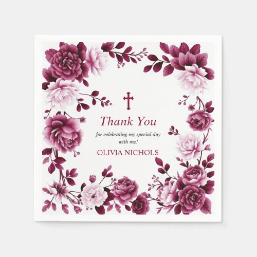 Burgundy floral frame girl Baptism Thank you