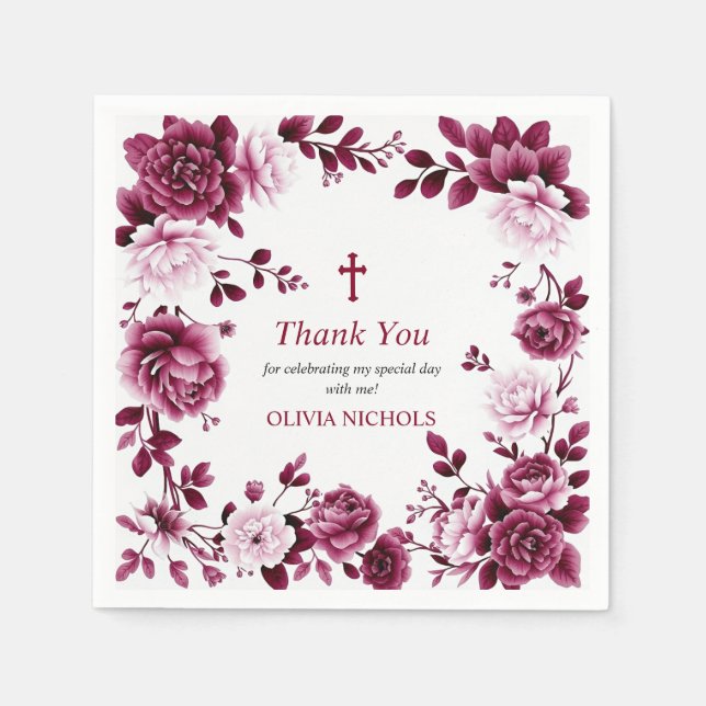 Burgundy floral frame girl Baptism Thank you Napkins (Front)