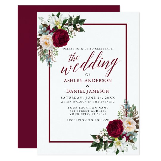 Burgundy Floral Frame Greenery Calligraphy Wedding Invitation | Zazzle.com