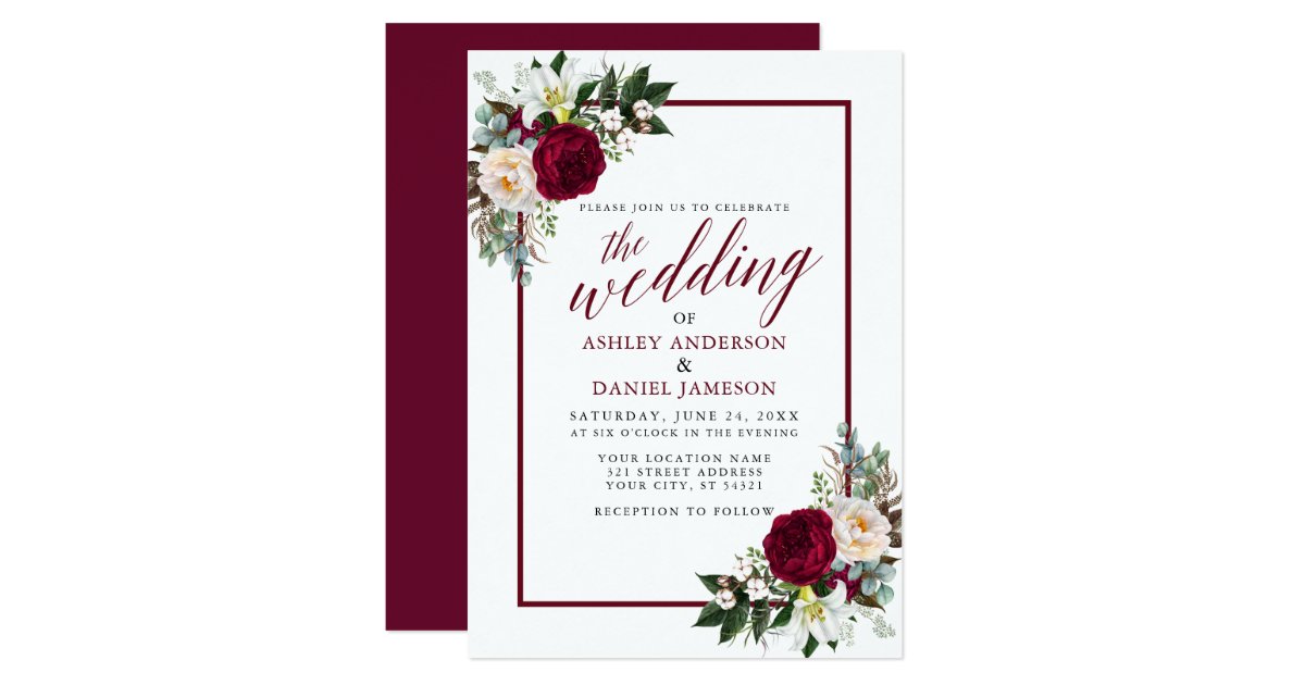 Burgundy Floral Frame Greenery Calligraphy Wedding Invitation