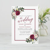 Burgundy Floral Frame Greenery Calligraphy Wedding Invitation (Standing Front)