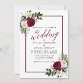Burgundy Floral Frame Greenery Calligraphy Wedding Invitation (Front)