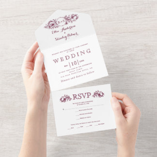 Burgundy floral frame initials white wedding all in one invitation