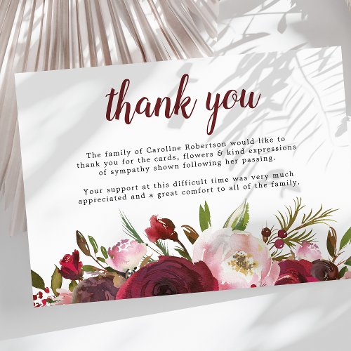 Burgundy Floral Funeral Thank You Card