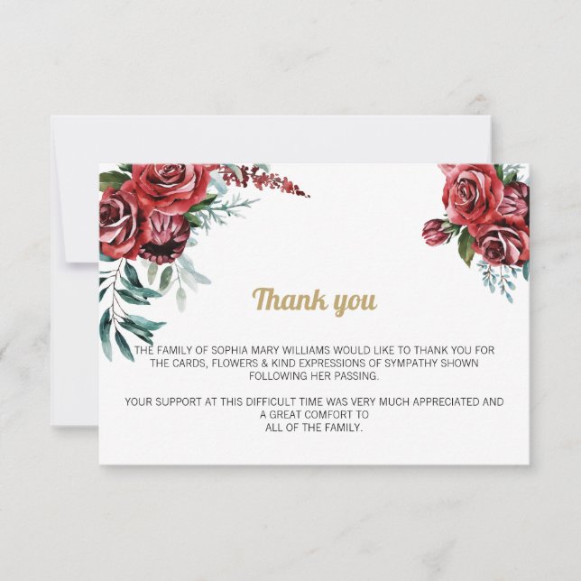 Burgundy Floral Funeral Thank You Note Card (Front)