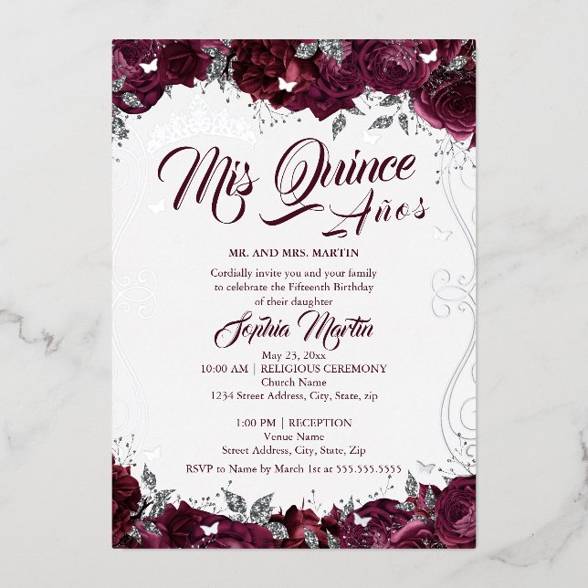 Burgundy Floral Garden Mis Quince Quinceanera  Foil Invitation (Front)