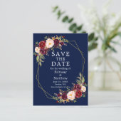 Burgundy Floral Geo Frame Blue Save the Date Postcard (Standing Front)