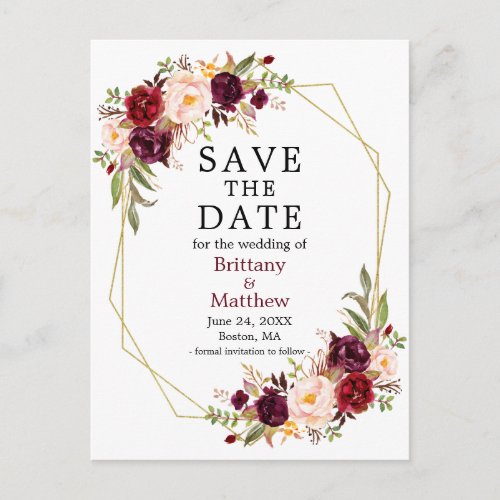 Burgundy Floral Geo Frame Save the Date Postcard