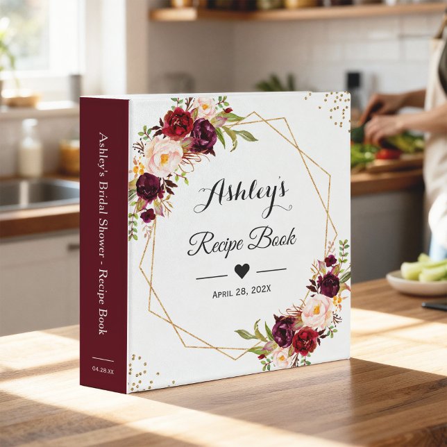 Burgundy Floral Geometric Bridal Shower Recipe 3 Ring Binder (Creator Uploaded)