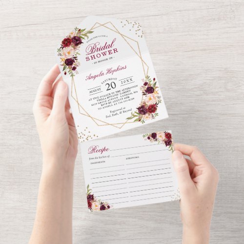 Burgundy Floral Geometric Bridal Shower Recipe All In One Invitation - These "Burgundy Blush Floral  Geometric Frame Bridal Shower All in One Invitations" are designed with an easy to tear off perforated Recipe Card. Just simply fold each card into the outlined shape, and then seal and send - no envelope needed for shipping.