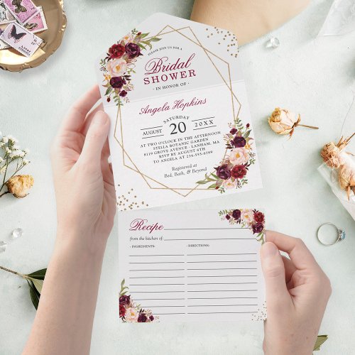 Burgundy Floral Geometric Bridal Shower Recipe All In One Invitation