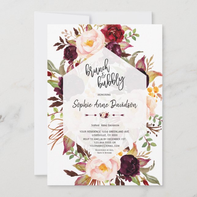 Burgundy Floral Geometric Brunch and Bubbly Invitation (Front)