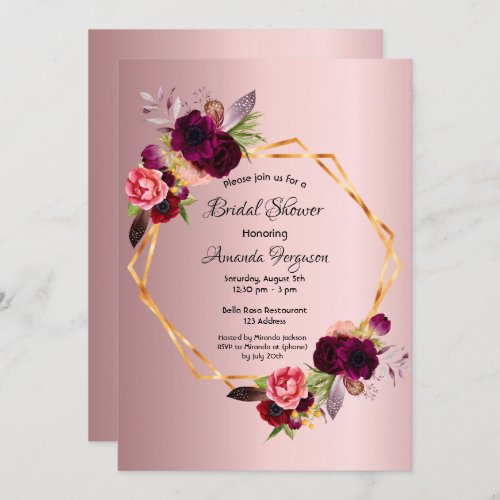 Burgundy floral geometric dusty rose bridal shower invitation