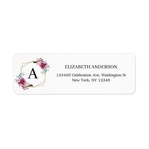 Burgundy Floral Geometric Frame Monogram Names Label