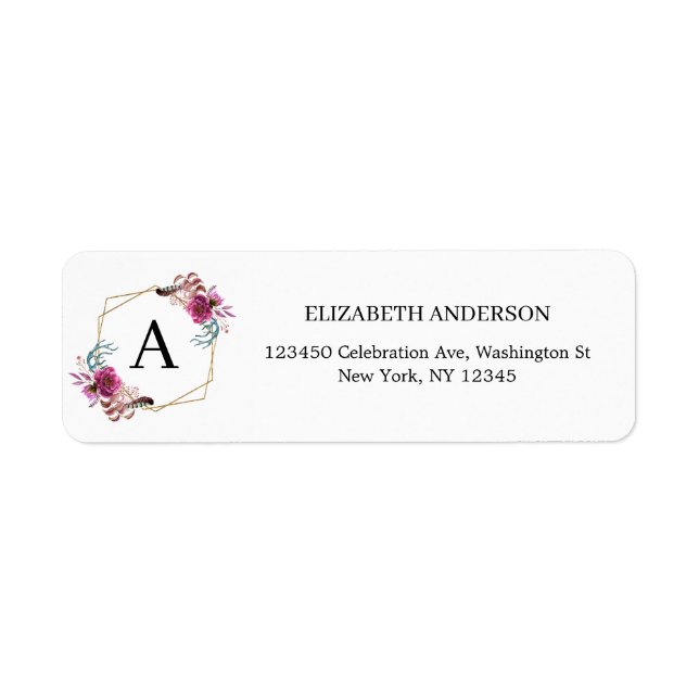 Burgundy Floral Geometric Frame Monogram Names Label (Front)