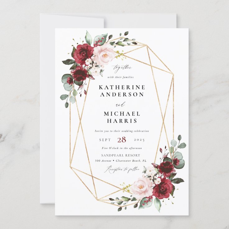 Burgundy Floral Geometric frame wedding Invitation | Zazzle