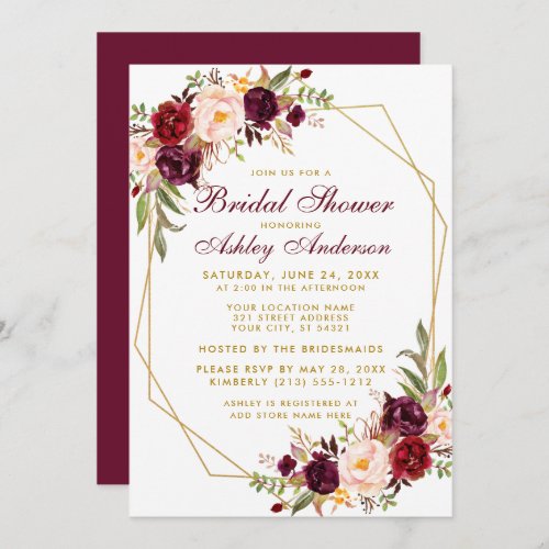 Burgundy Floral Geometric Gold Bridal Shower Invitation