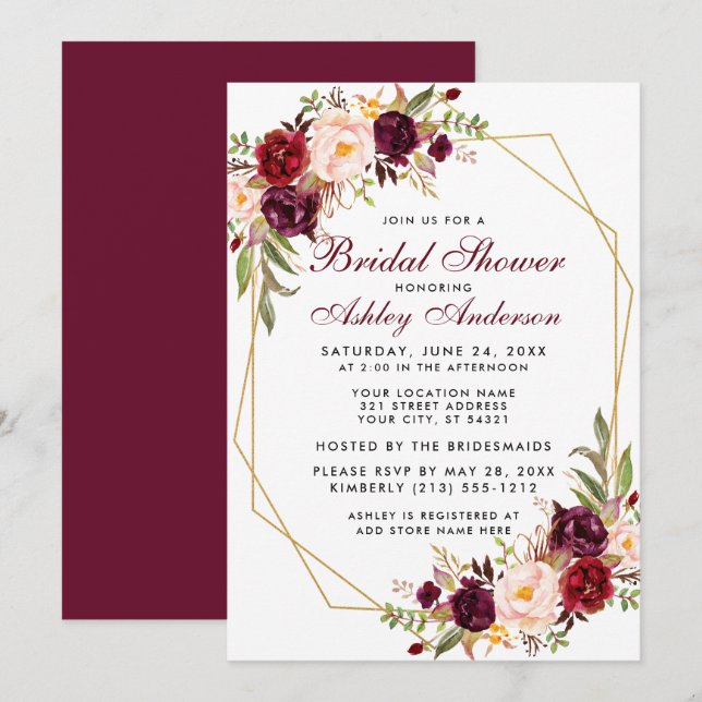 Burgundy Floral Geometric Gold Frame Bridal Shower Invitation (Front/Back)