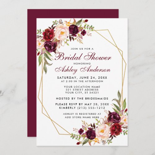 Burgundy Floral Geometric Gold Frame Bridal Shower Invitation
