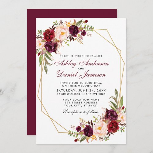 Burgundy Floral Geometric Gold Frame Wedding Invitation