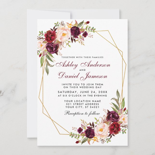 Burgundy Floral Geometric Gold Frame Wedding W Invitation (Front)