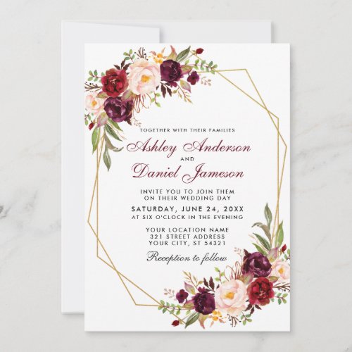 Burgundy Floral Geometric Gold Frame Wedding W Invitation